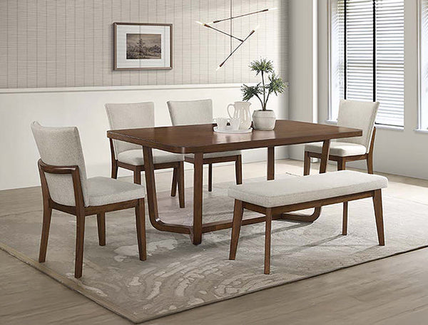 BoxDrop Suwanee Salerno dining group with a wooden table and six upholstered chairs in a modern dining room setting.