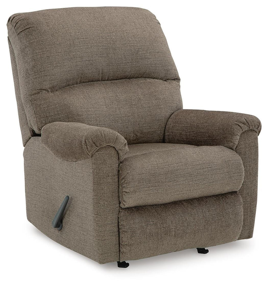 Ashley Stonemeade manual rocker recliner in dark brown leather with plush cushioning and a sturdy wooden base.