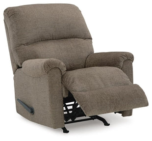Ashley Stonemeade manual rocker recliner shown from an angle with open seat and backrest, showcasing plush fabric and comfortable design.
