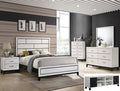Crownmark Akeron chalk bedroom group includes a bed, dresser, and nightstands in a modern bedroom setting.