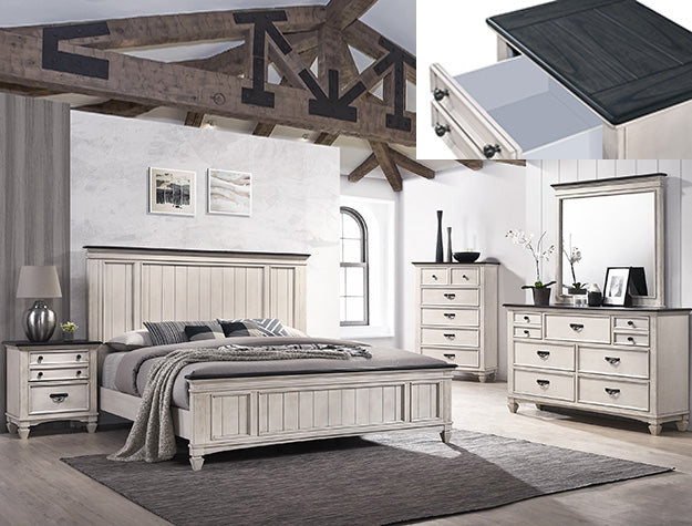 Crownmark Sawyer bedroom group includes a bed frame, dresser, and nightstand in a modern bedroom setting.