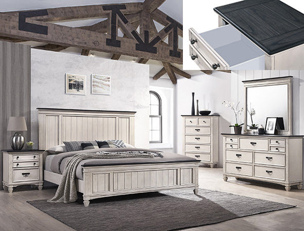 Crownmark Sawyer bedroom group includes a bed frame, dresser, and nightstand in a modern bedroom setting.