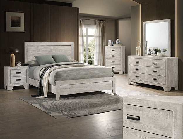 White bedroom furniture set from Crownmark's Millie Bedroom Group featuring a bed, dresser, and nightstand.