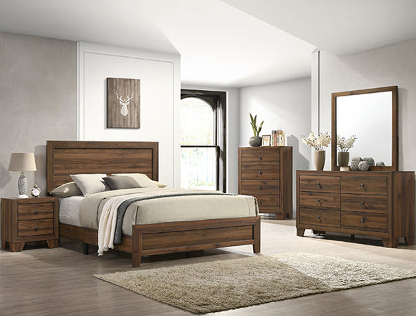 Brown cherry Crownmark Millie bedroom group with bed, dresser, and nightstands arranged in a stylish bedroom setting.