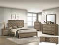 Light brown Crownmark Valor bedroom group furniture set with bed, dresser, and nightstands in a modern bedroom scene.