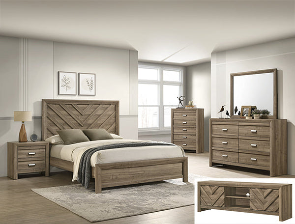 Light brown Crownmark Valor bedroom group furniture set with bed, dresser, and nightstands in a modern bedroom scene.