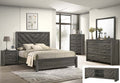 Crownmark Valor bedroom group in grey featuring a bed, nightstands, and dresser with modern design and sleek finish.