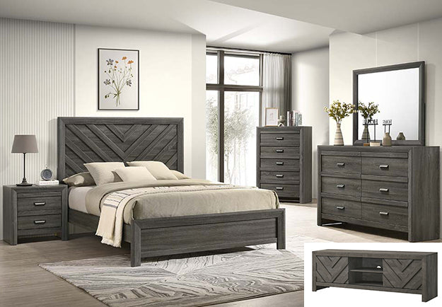 Crownmark Valor bedroom group in grey featuring a bed, nightstands, and dresser with modern design and sleek finish.