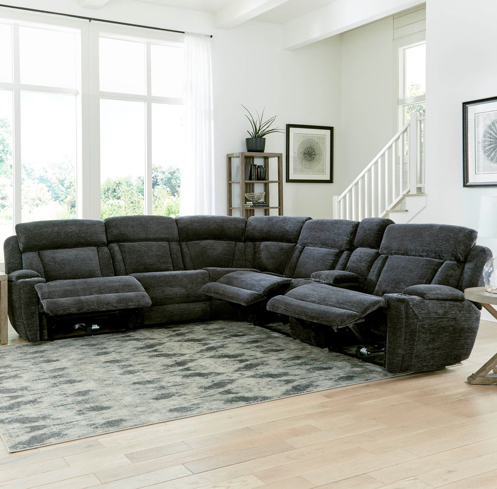 Open view of a Parker House 6-piece power reclining sectional sofa in a modern living room setting.