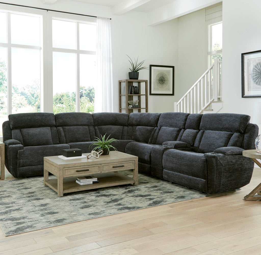 Six-piece Parker House power reclining sectional sofa with plush cushions and modern design, shown in a spacious living room setting.