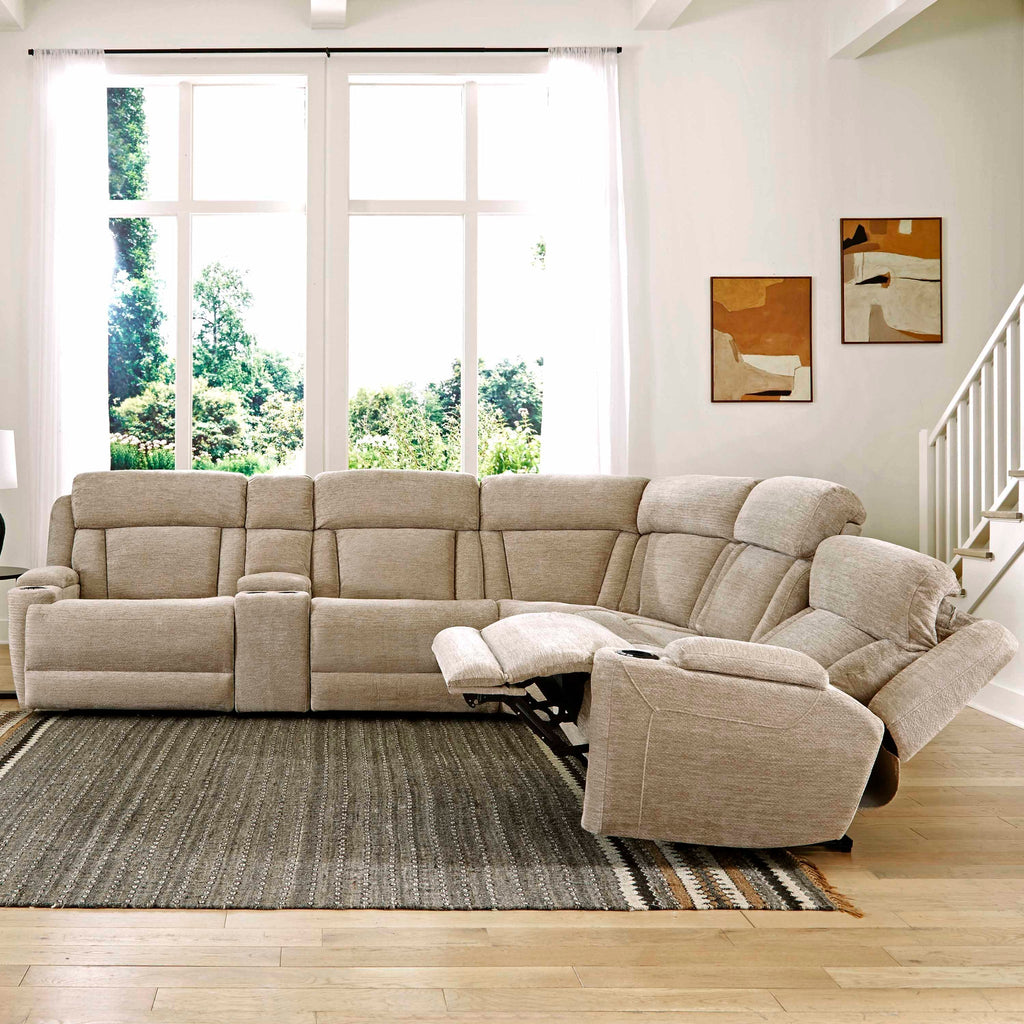 Open view of a 6-piece Parker House power reclining sectional sofa in a modern living room setting.