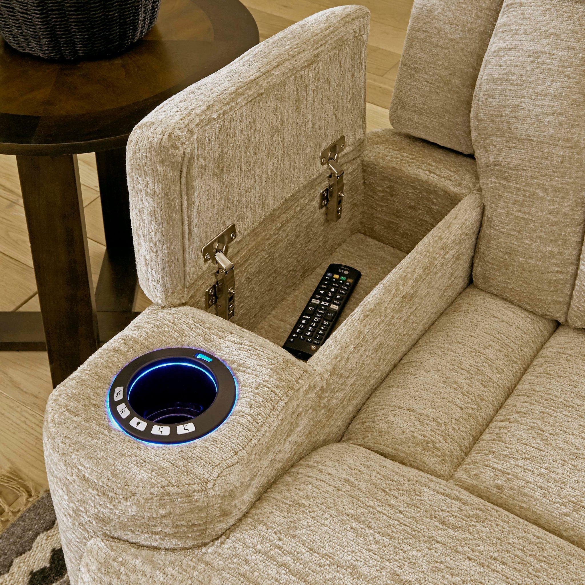 Close-up of the armrest and detailed craftsmanship on Parker House 6-piece power reclining sectional sofa.