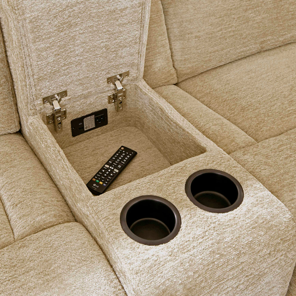 Open and close view of Parker House 6-piece power reclining sectional sofa showing plush cushions and reclining mechanisms.