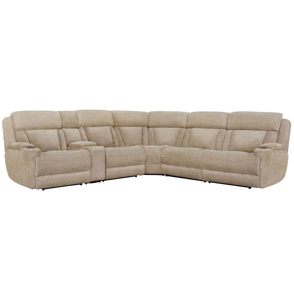 Front view of Parker House 6-piece power reclining sectional sofa with plush cushions and modern design, shown in a closed position.