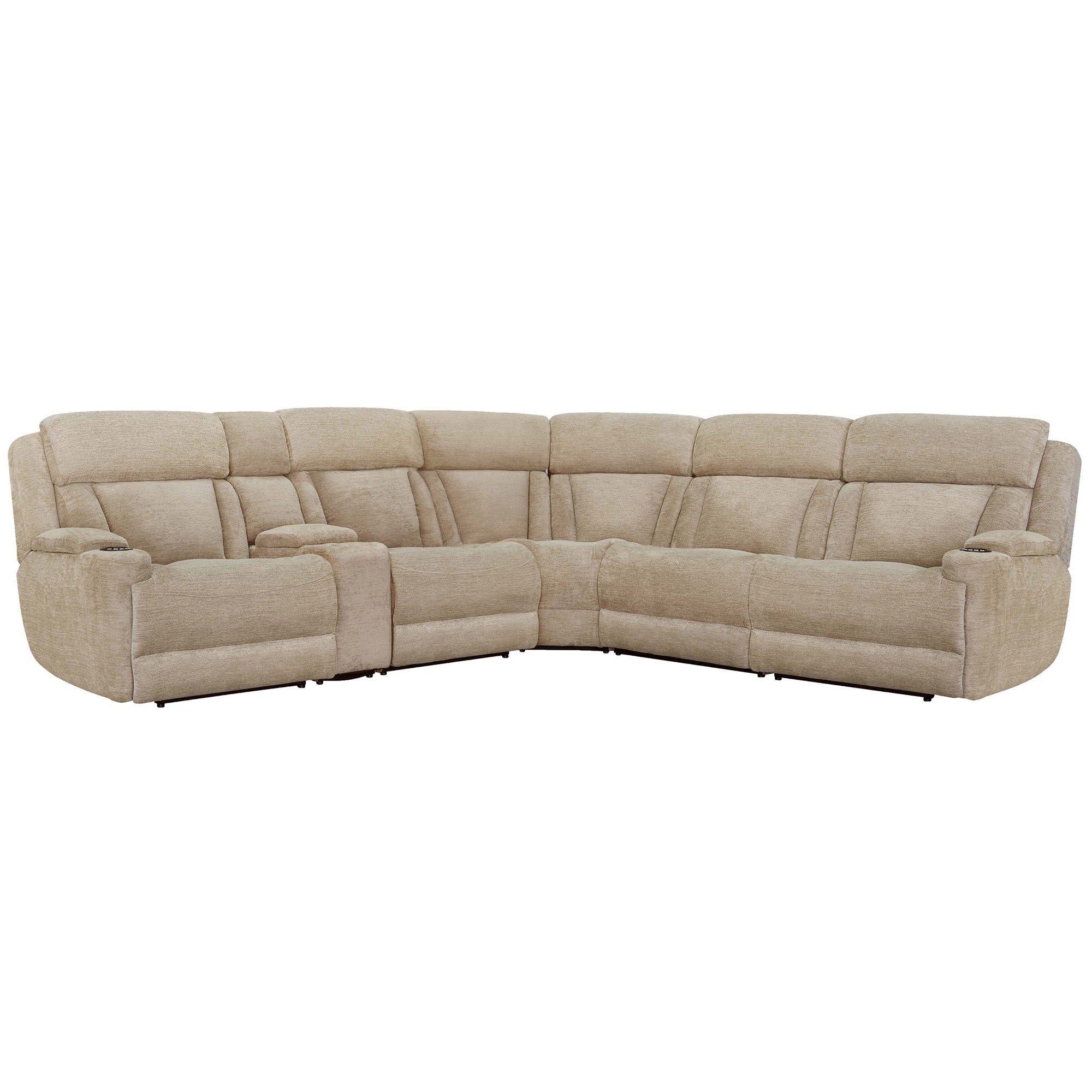 Front view of Parker House 6-piece power reclining sectional sofa with plush cushions and modern design, shown in a closed position.