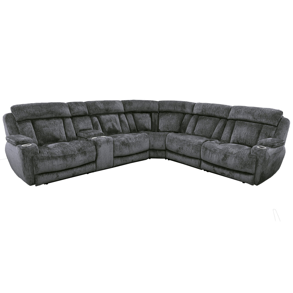 Parker House 6-piece power reclining sectional with plush cushions and dark upholstery, showcasing modern living room style.