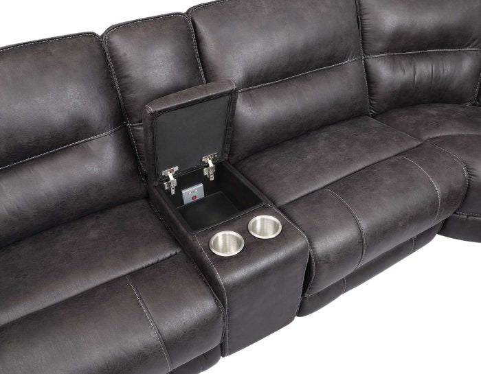 6-piece Steve Silver Power Sectional sofa with reclining seats in gray fabric, shown with plush cushions and modern design.