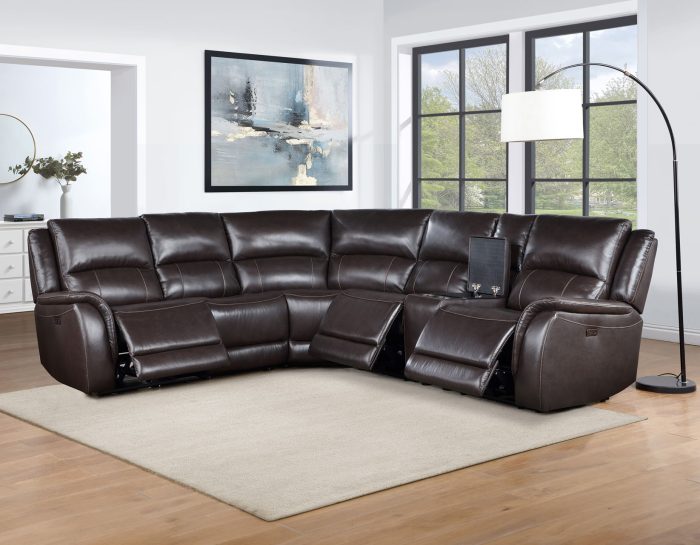 Six-piece brown leather power reclining furniture set by Steve Silver, featuring plush cushions and modern design.
