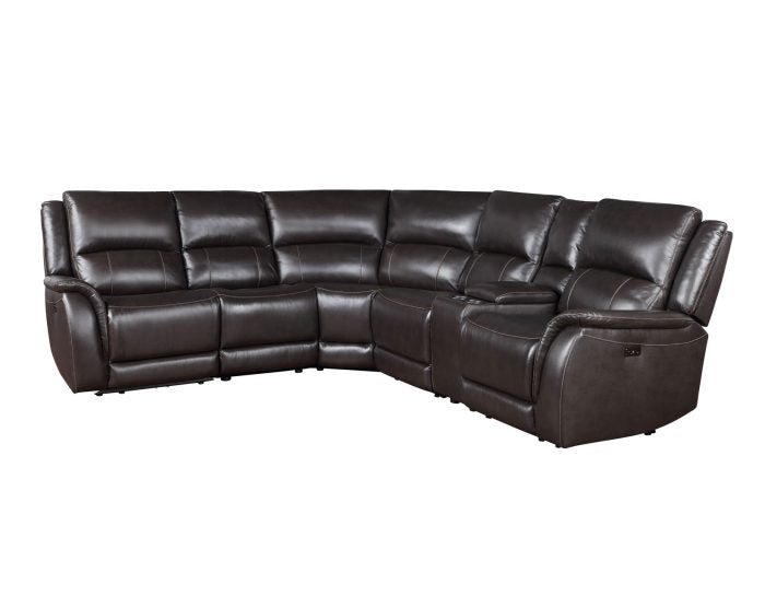 Six-piece brown leather power reclining furniture set by Steve Silver, featuring plush cushions and modern design.