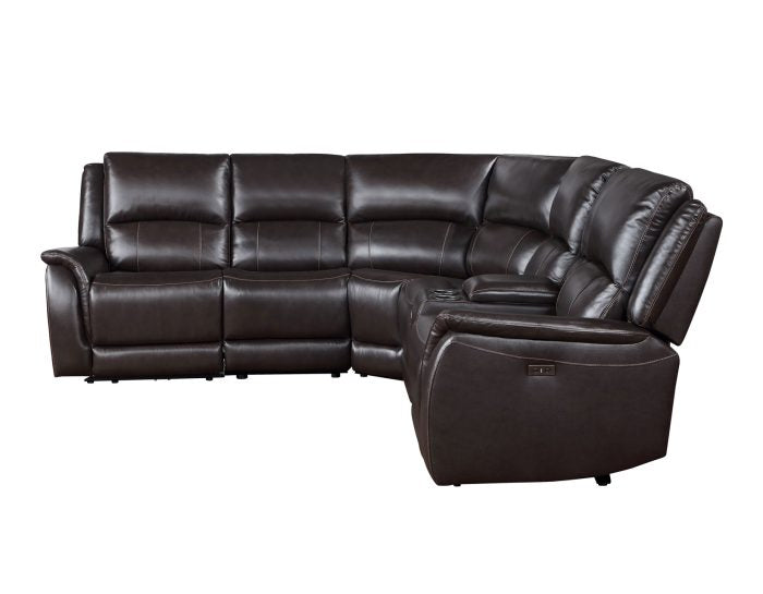 Six-piece brown leather power reclining furniture set by Steve Silver, featuring plush cushions and modern design.
