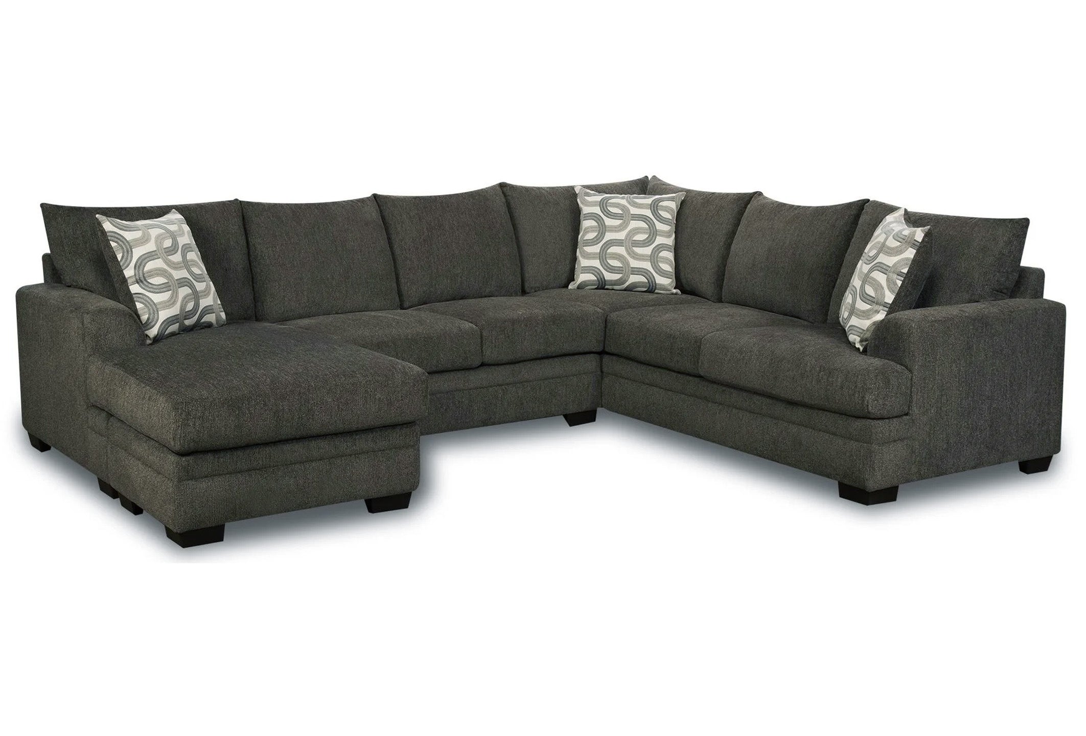 Ashley charcoal U-shaped sectional sofa with plush cushions and modern design, shown in a cozy living room setting.